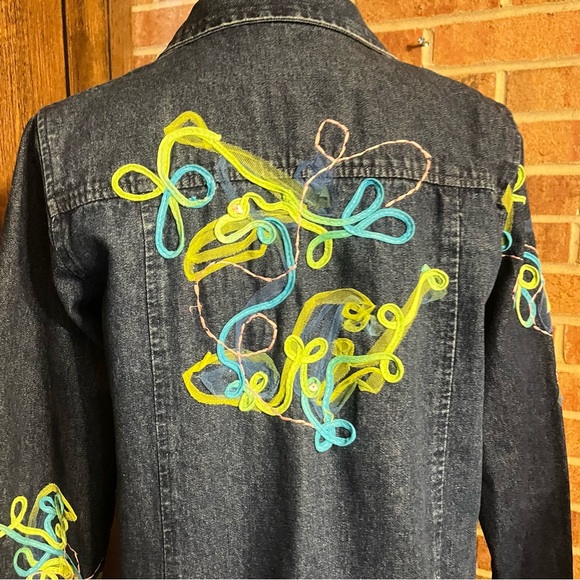 CHOICES Women PM Denim Jacket Ribbon Embellished Blue Snap Closure Long Sleeves - Picture 15 of 16